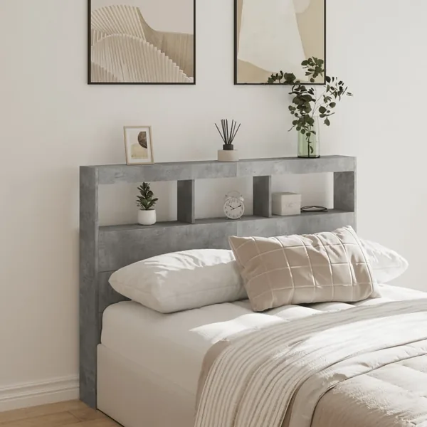 Armoire tête de lit avec LED gris béton 140x17x102 cm