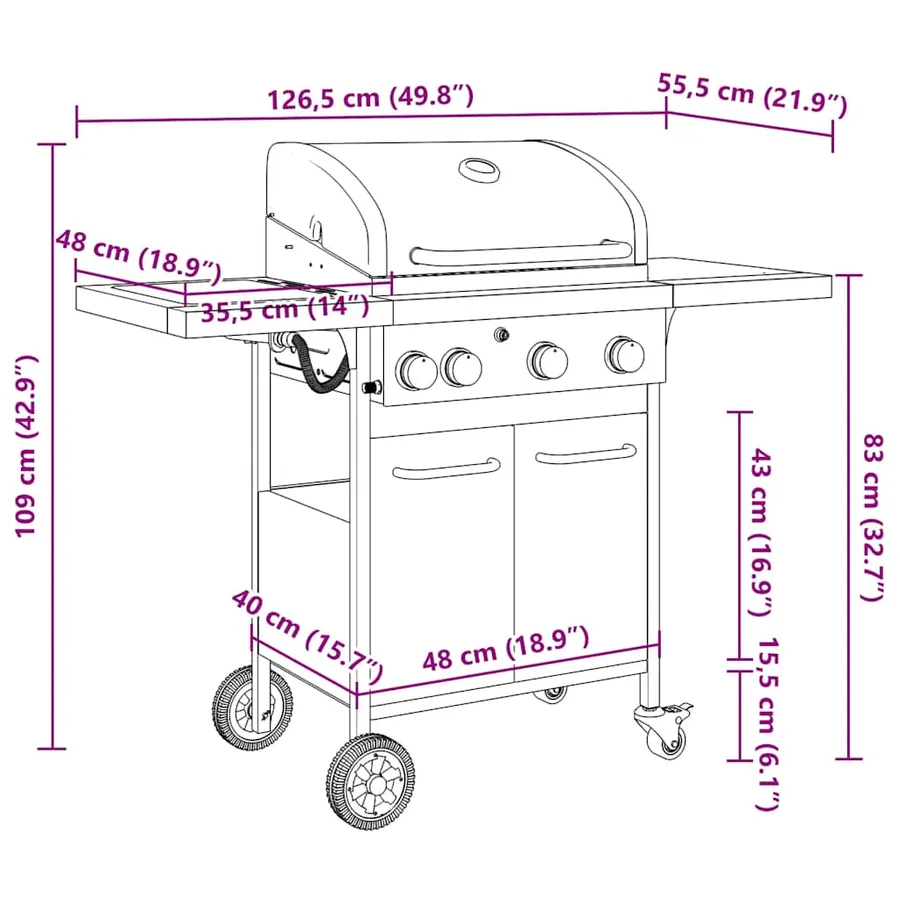Barbecue gril à gaz avec 4 brûleurs noir acier enduit de poudre - 11