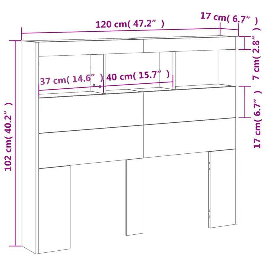 Armoire tête de lit avec LED gris béton 120x17x102 cm - 14