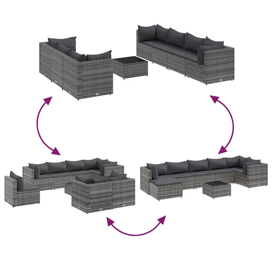 Salon de jardin 8 pcs avec coussins Gris Résine tressée - 6