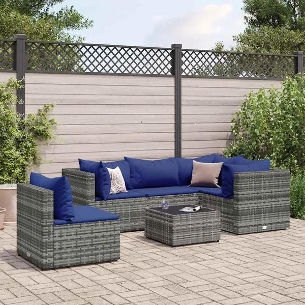 Salon de jardin 6 pcs avec coussins Gris Résine tressée