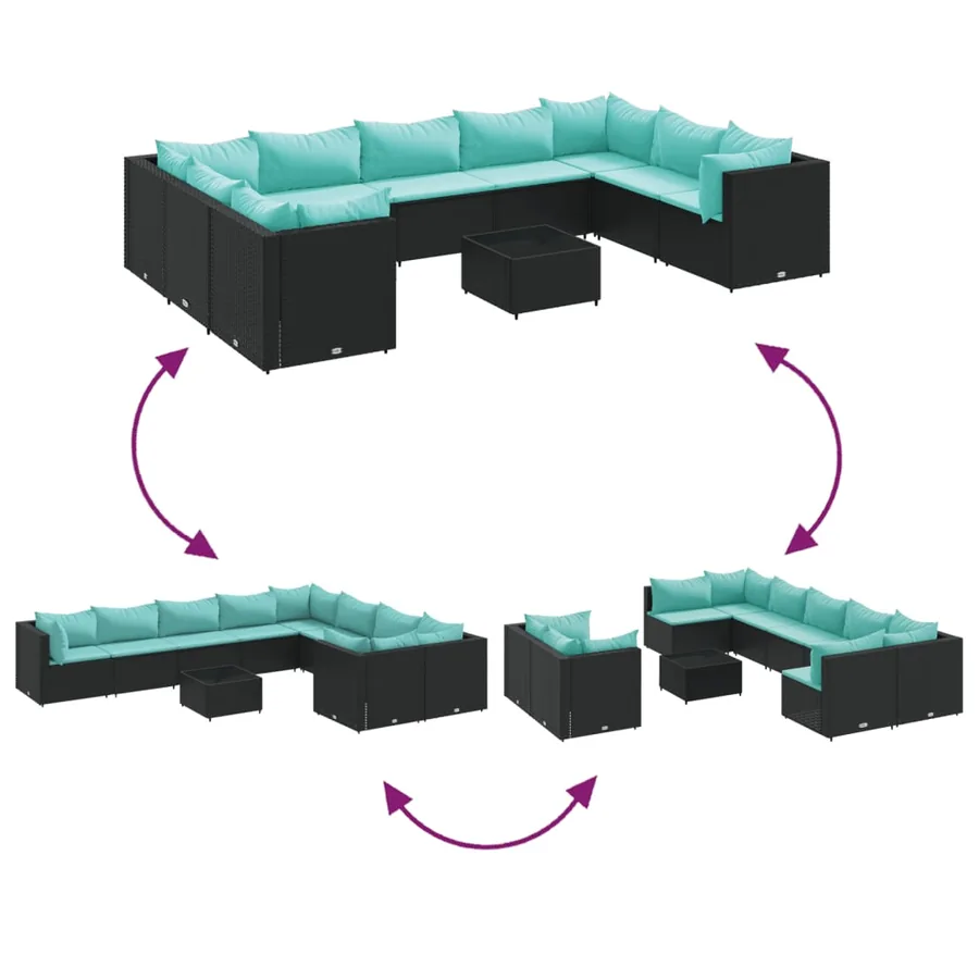Salon de jardin 10 pcs avec coussins noir résine tressée - 6