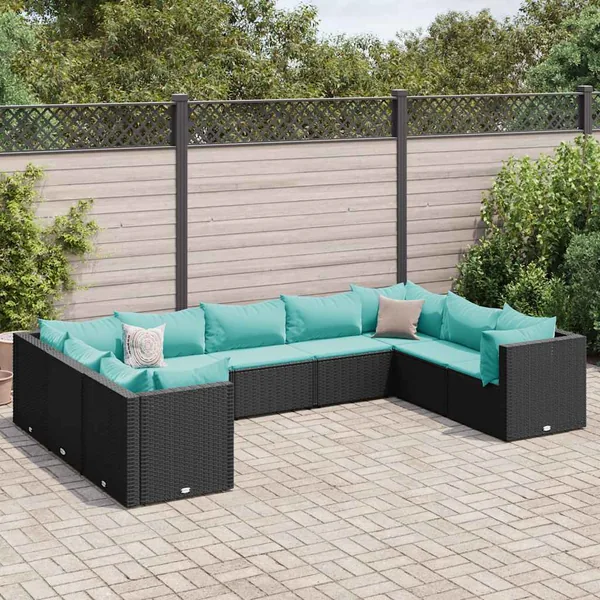 Salon de jardin 9 pcs avec coussins Noir Résine tressée