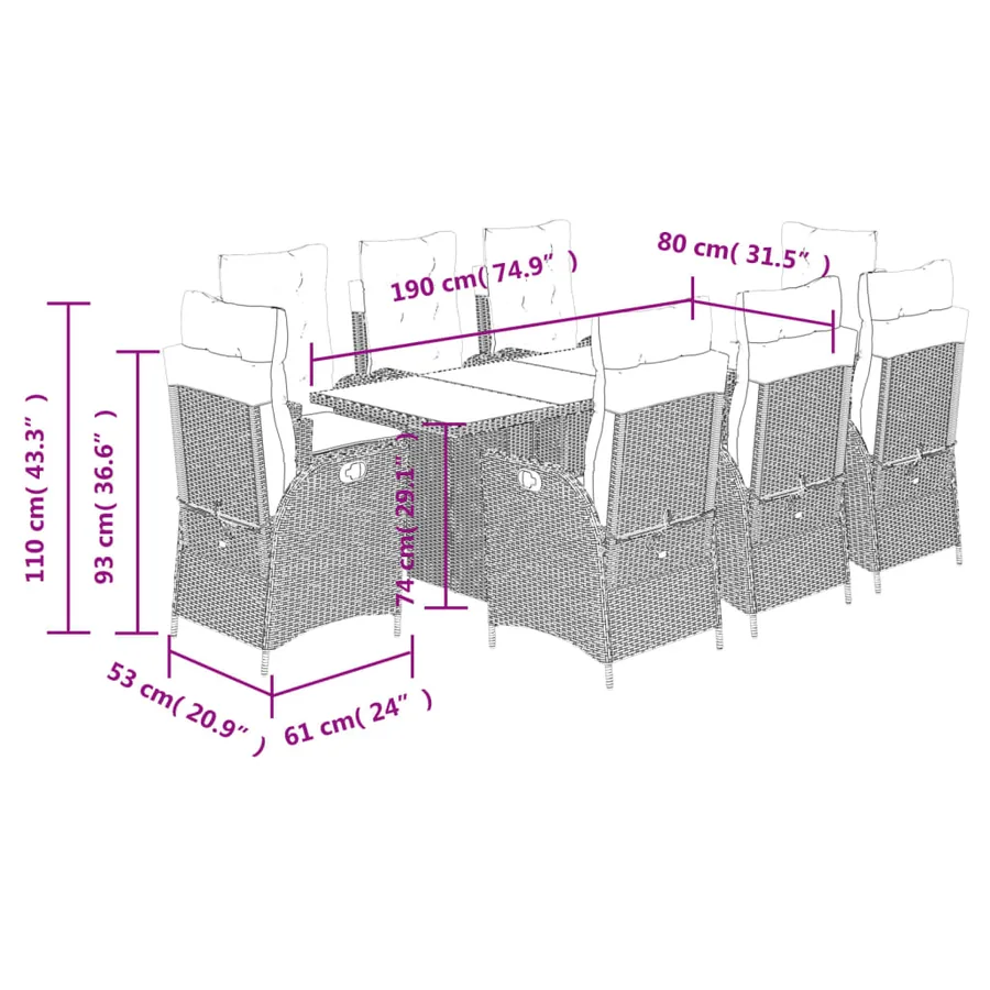 Ensemble à manger de jardin et coussins 9 pcs gris clair rotin - 9
