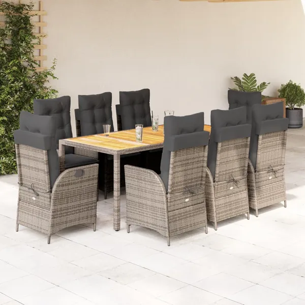Ensemble à manger de jardin 9 pcs coussins gris résine tressée