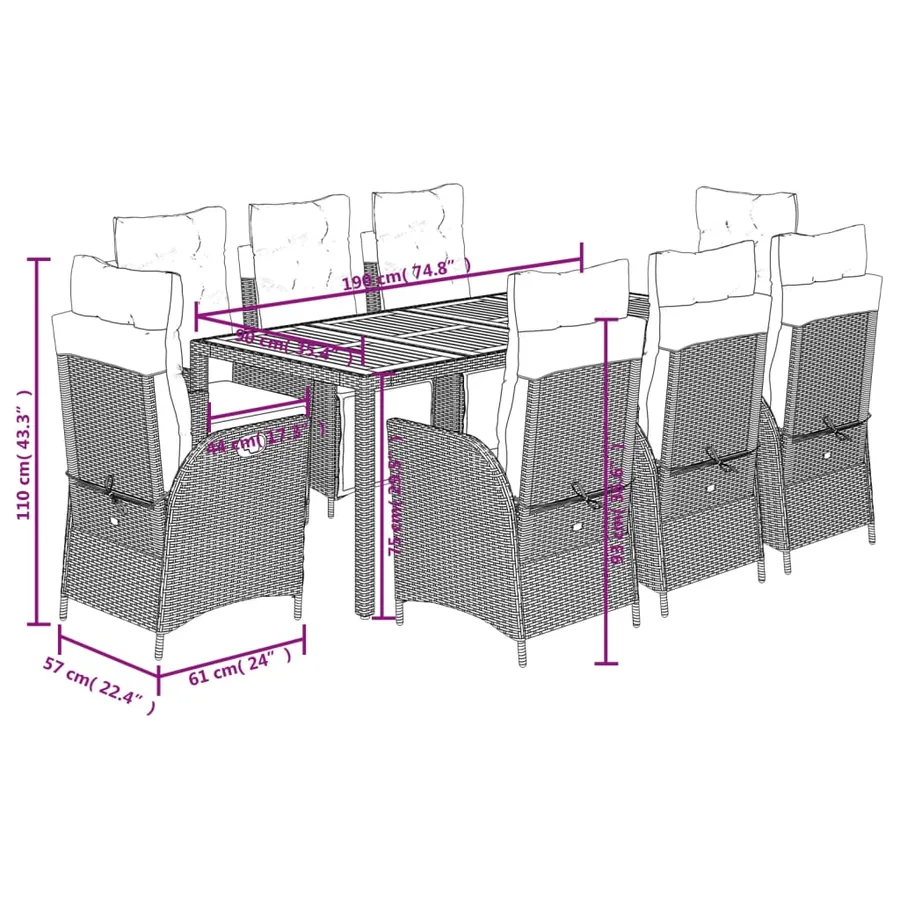 Ensemble à manger de jardin 9 pcs coussins gris résine tressée - 9