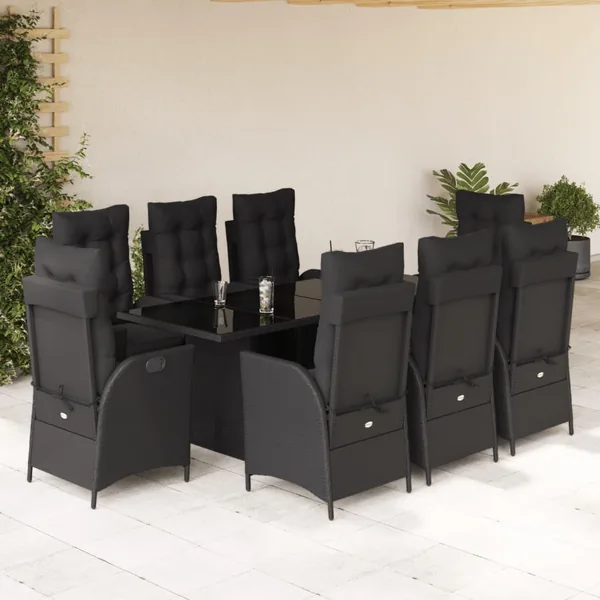 Ensemble à manger de jardin 9pcs coussins noir résine tressée