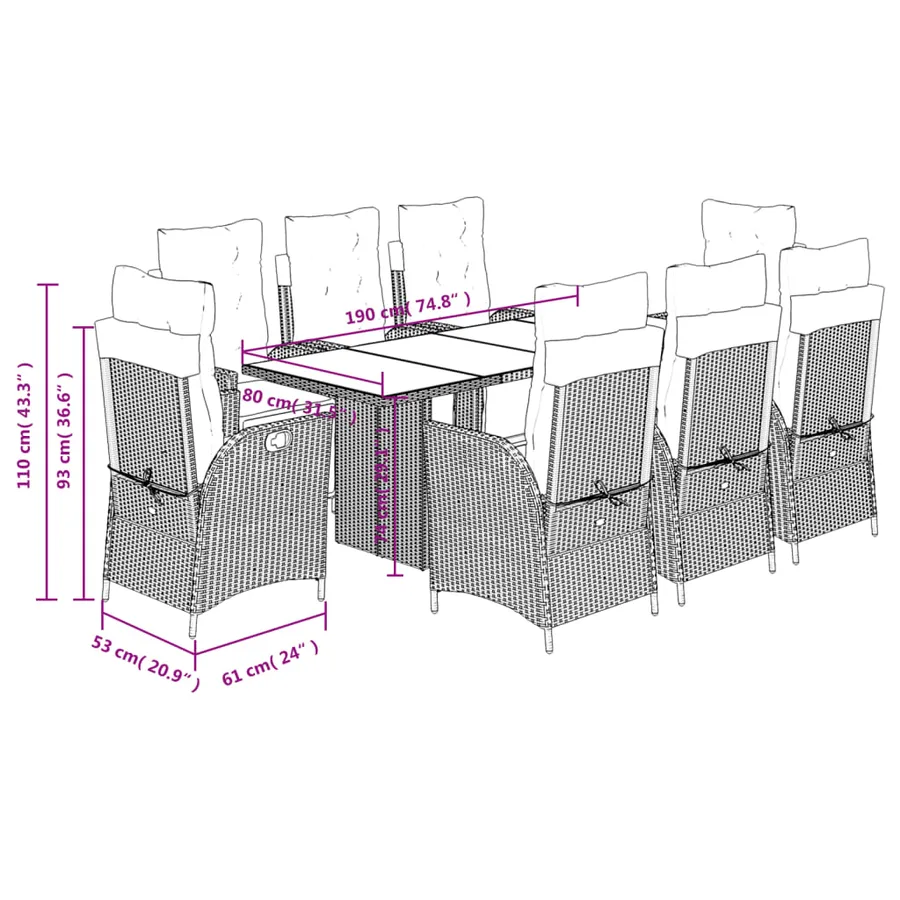Ensemble à manger de jardin 9pcs coussins noir résine tressée - 9