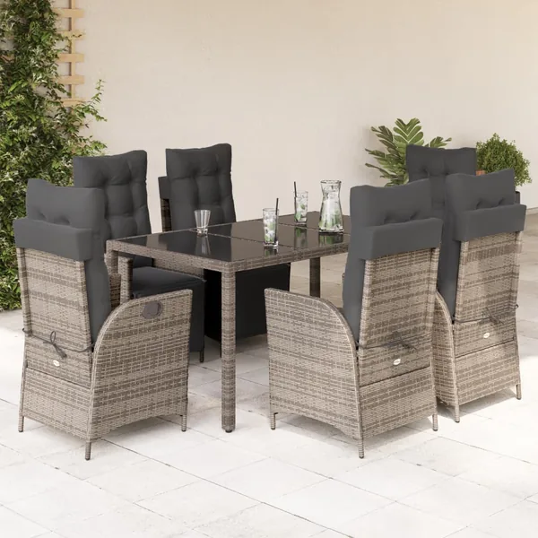 Ensemble à manger de jardin et coussins 7 pcs gris rotin