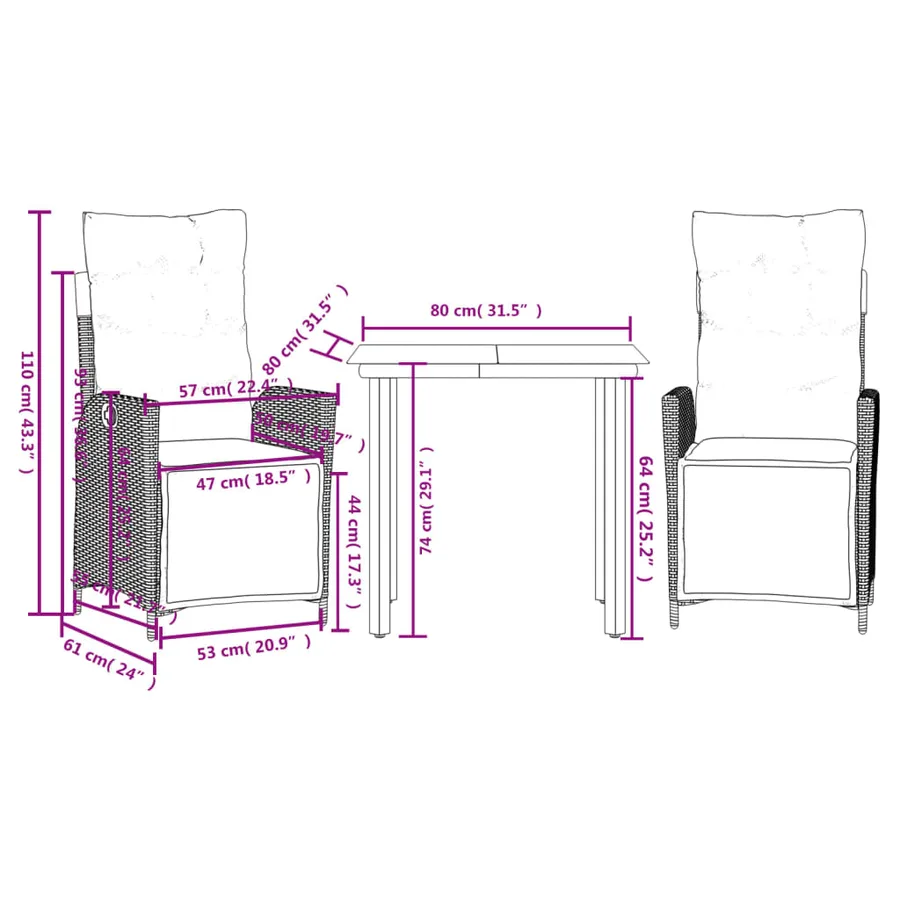 Ensemble à manger de jardin 3pcs coussins gris clair poly rotin - 9