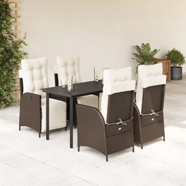 Ensemble à manger de jardin 5 pcs et coussins marron poly rotin