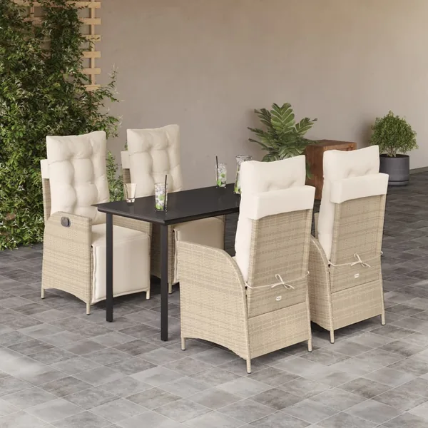 Ensemble à manger de jardin avec coussins 5pcs Beige poly rotin