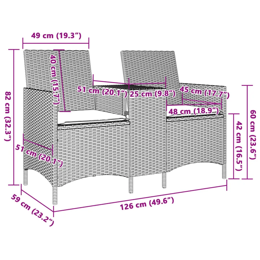 Canapé de jardin 2 places avec table et coussins résine tressée - 8