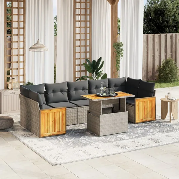 Salon de jardin 8 pcs avec coussins gris résine tressée