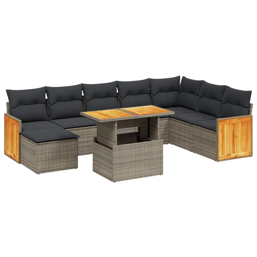 Salon de jardin 9 pcs avec coussins gris résine tressée - 2
