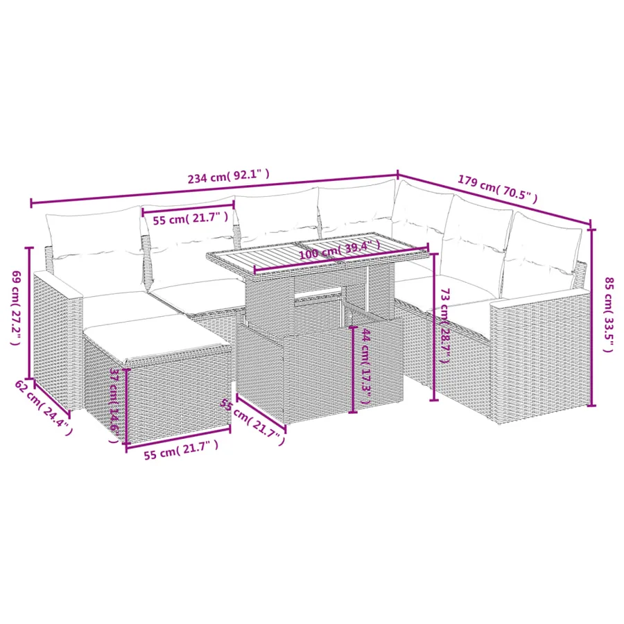 Salon de jardin 8 pcs avec coussins gris résine tressée - 4