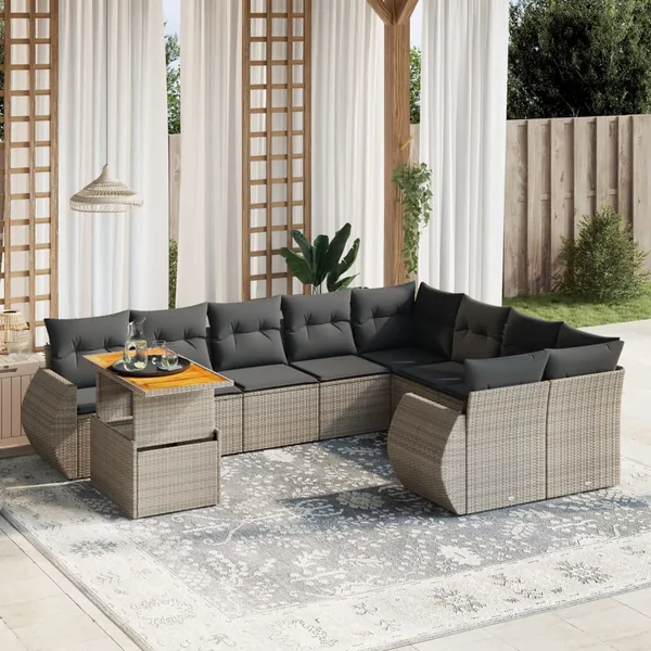 Salon de jardin avec coussins 10 pcs gris résine tressée