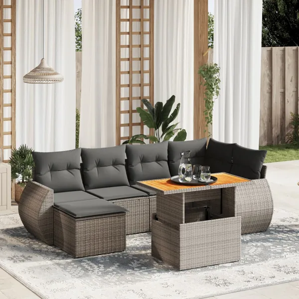 Salon de jardin avec coussins 7 pcs gris résine tressée