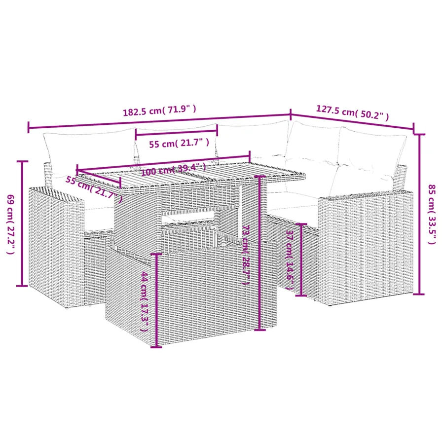 Salon de jardin 5 pcs avec coussins gris résine tressée - 3