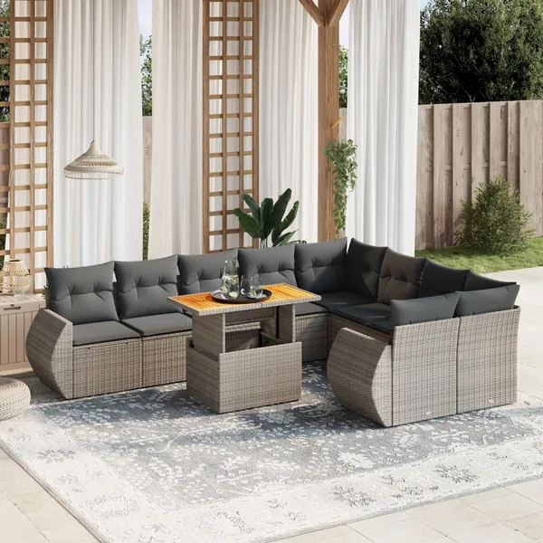 Salon de jardin avec coussins 10 pcs gris résine tressée