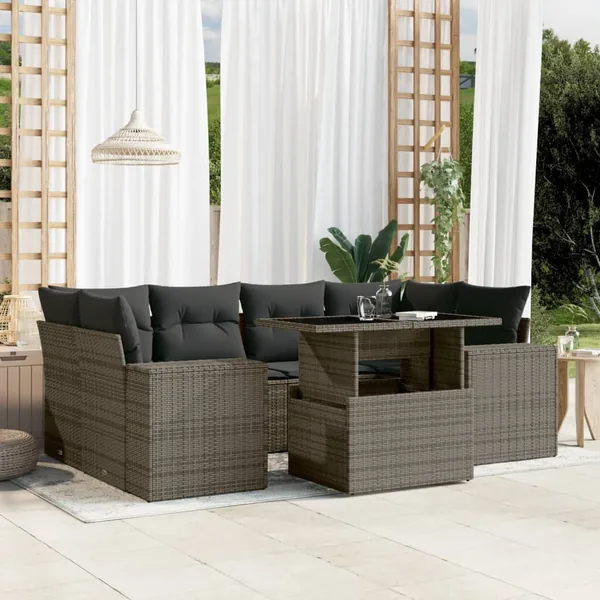 Salon de jardin avec coussins 7 pcs gris résine tressée