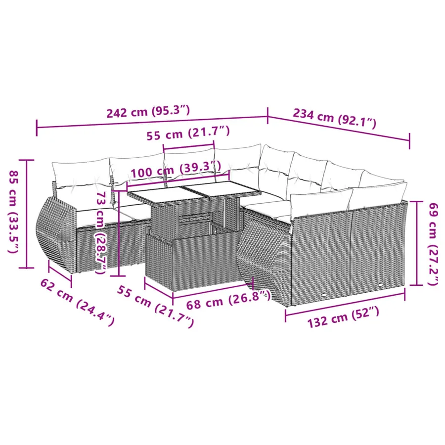 Salon de jardin 9 pcs avec coussins gris résine tressée - 10