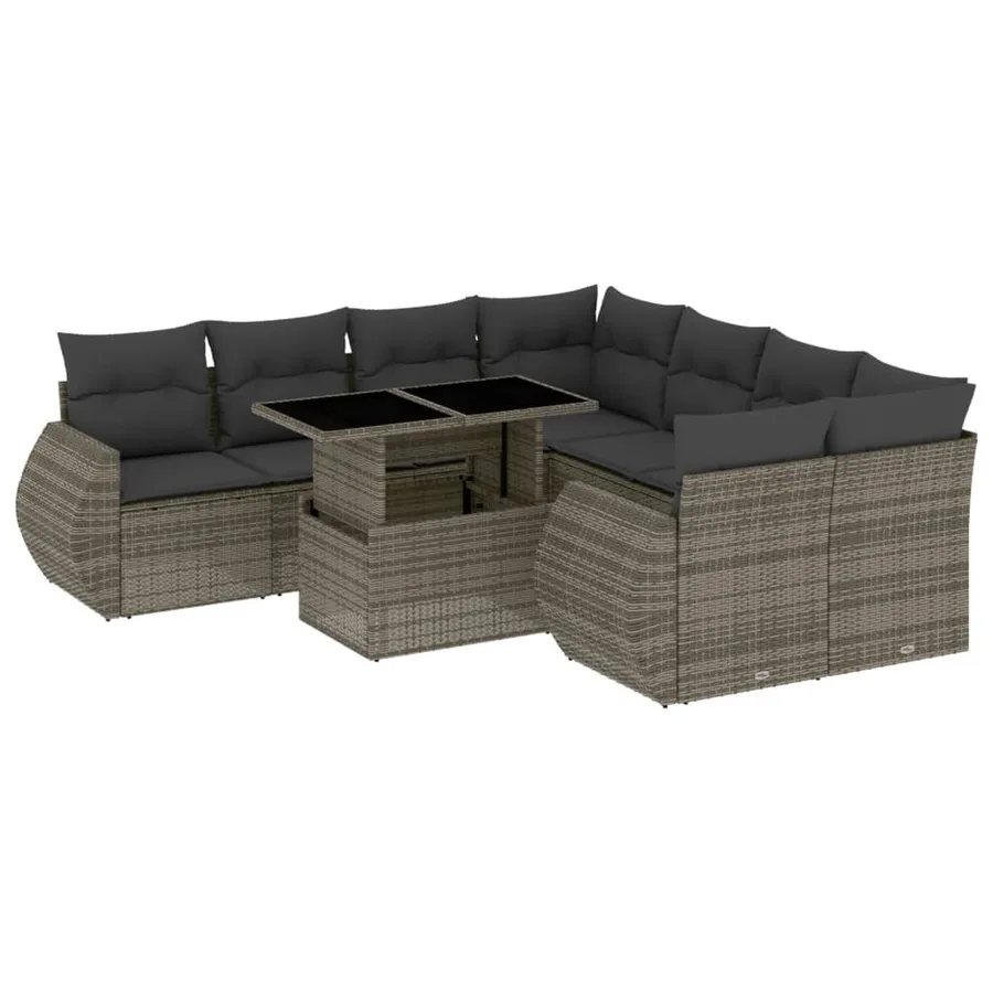 Salon de jardin 9 pcs avec coussins gris résine tressée - 2