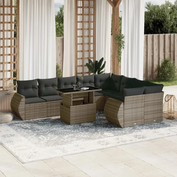 Salon de jardin avec coussins 10 pcs gris résine tressée