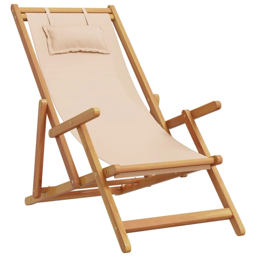 Chaises de plage pliantes lot de 2 beige tissu et bois massif - 3