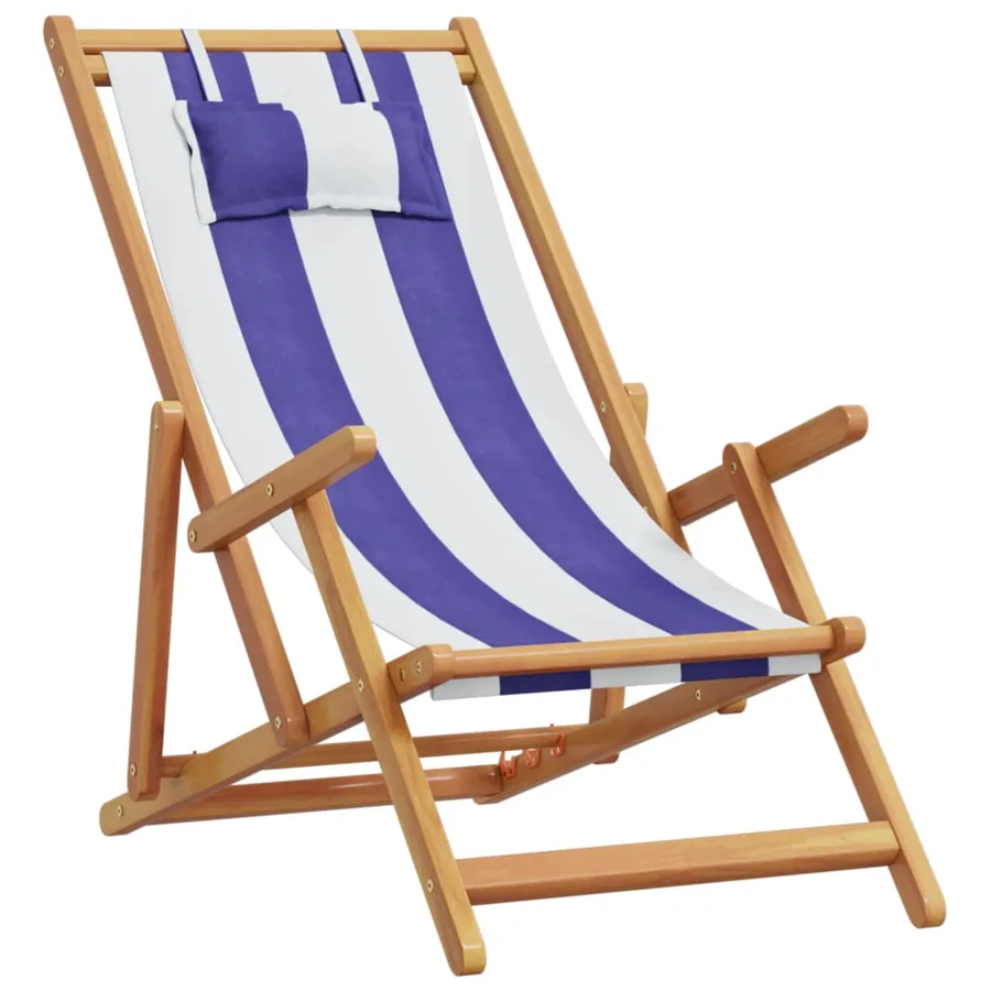 Chaise de plage pliable bleu et blanc bois d'eucalyptus/tissu - 2