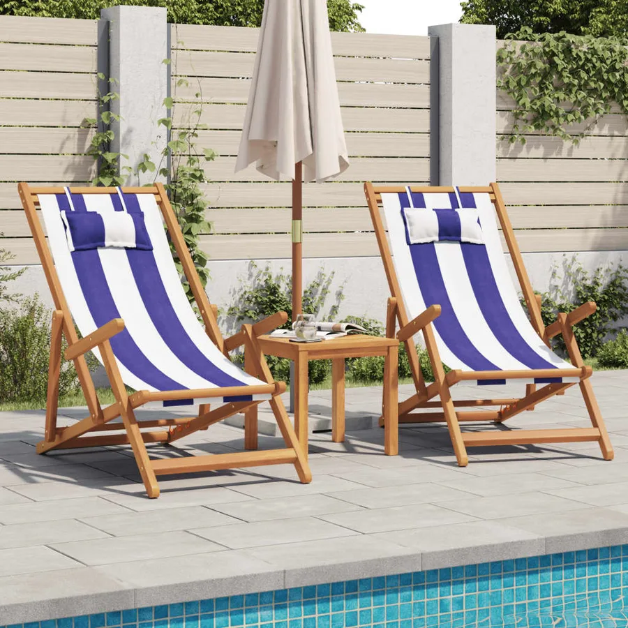 Chaise de plage pliable bleu et blanc bois d'eucalyptus/tissu - 3