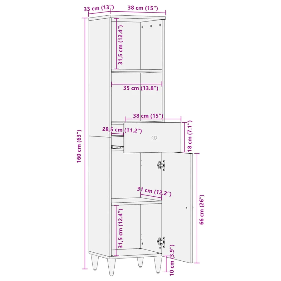 Armoire de salle de bain 38x33x160 cm bois massif de manguier - 13