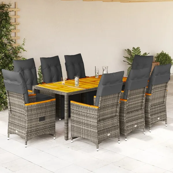 Ensemble de bistro de jardin 9 pcs coussins gris poly rotin