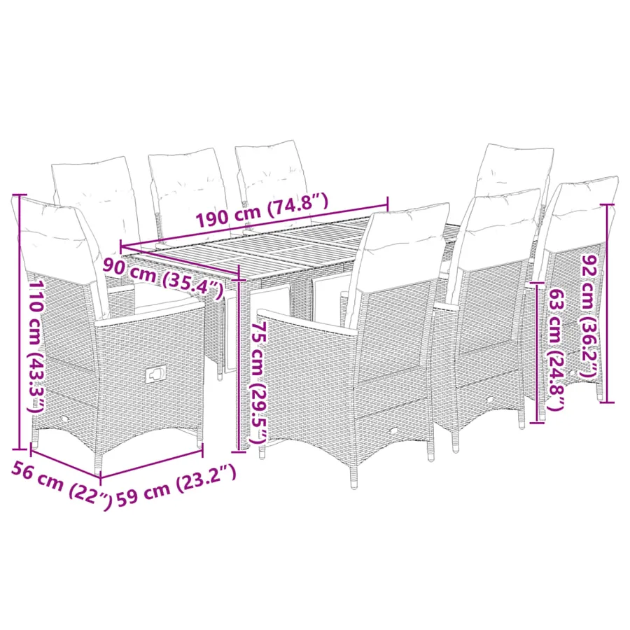 Ensemble de bistro de jardin 9 pcs coussins gris poly rotin - 7