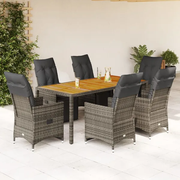 Ensemble de bistro de jardin 7 pcs coussins gris poly rotin