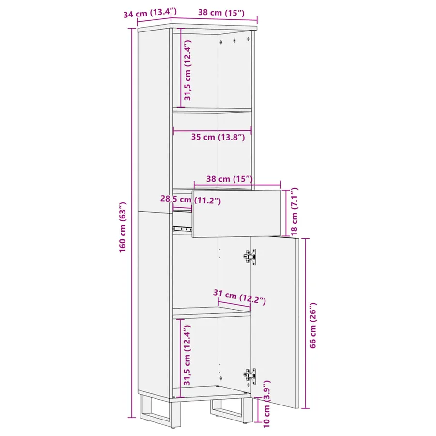 Buffet 38x34x160 cm bois de manguier massif brut - 11