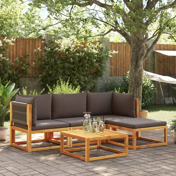 Ensemble de canapés de jardin 5 pièces avec coussins en bois d'acacia et corde