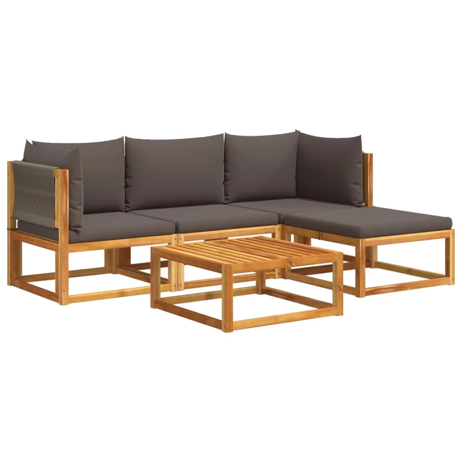 Ensemble de canapés de jardin 5 pièces avec coussins en bois d'acacia et corde - 2