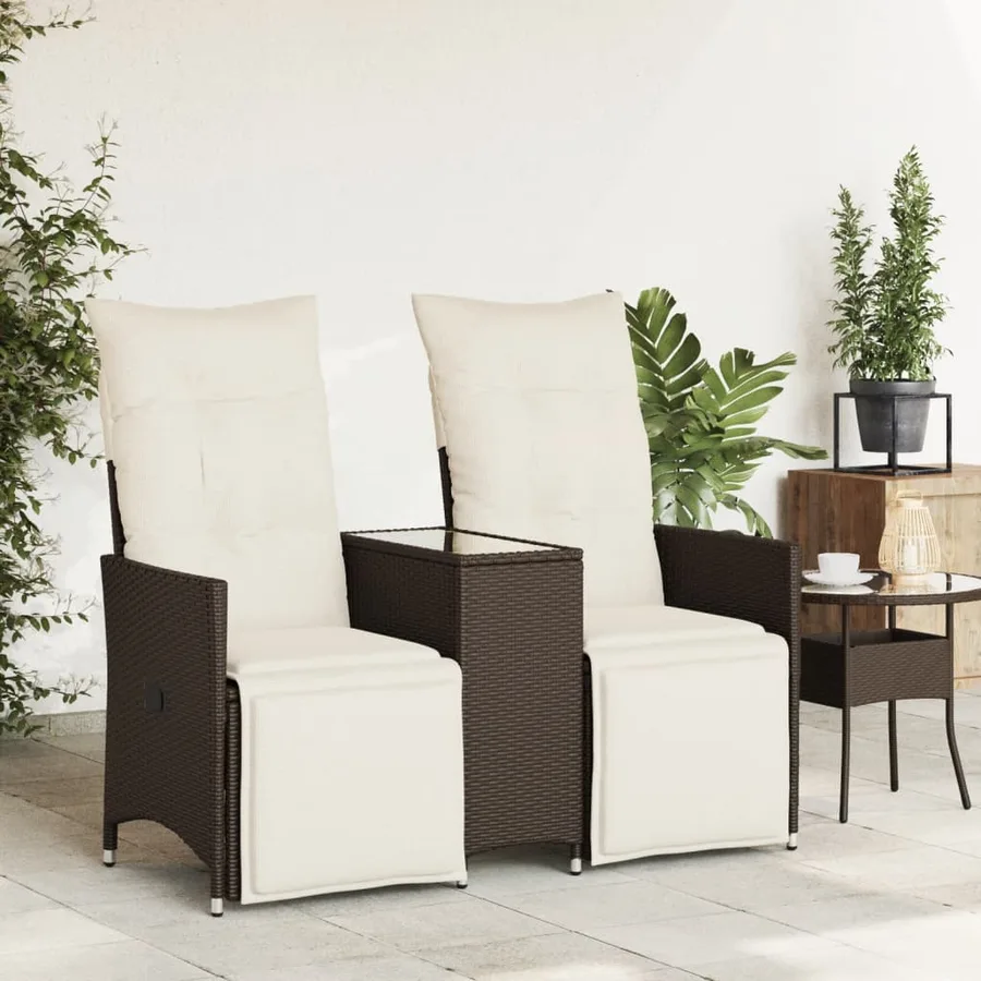 Canapé de jardin inclinable 2 places avec table marron rotin - 3