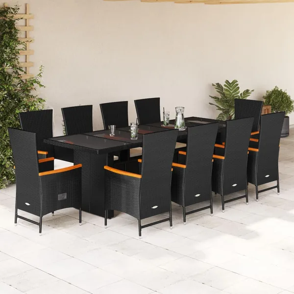 Ensemble à manger de jardin 11 pcs coussins noir résine tressée