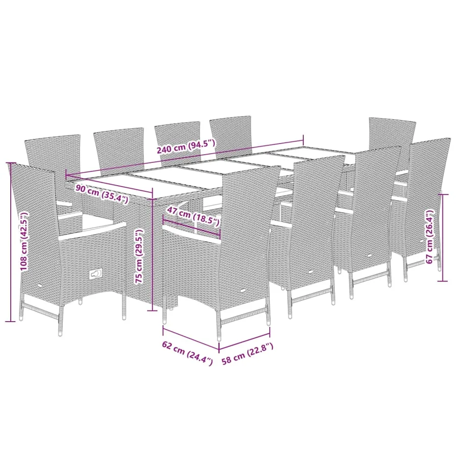 Ensemble à manger de jardin 11 pcs coussins noir résine tressée - 7