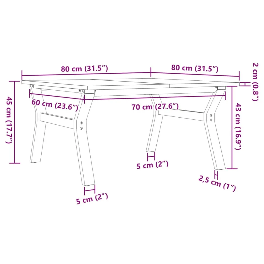 Table basse cadre en Y 80x80x45 cm bois de pin massif et acier - 10
