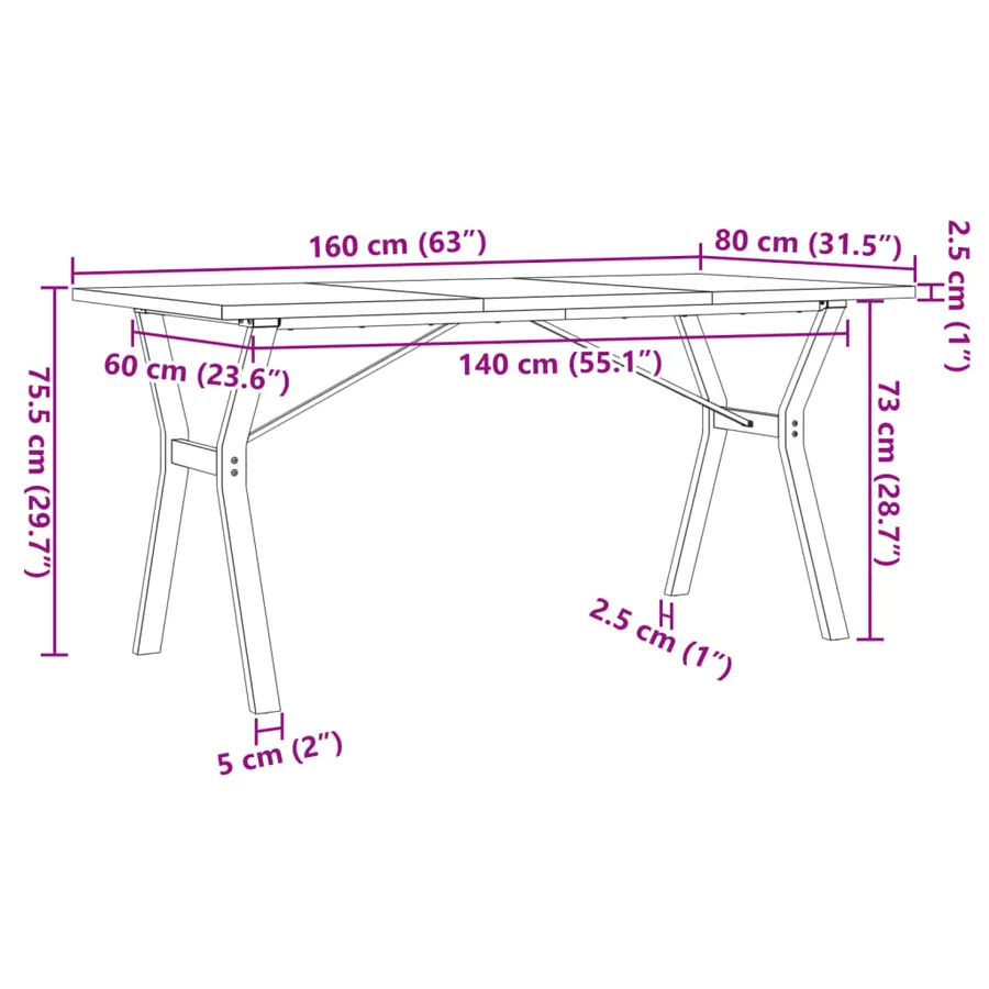 Table à manger cadre en Y 160x80x75,5 cm bois pin massif acier - 10