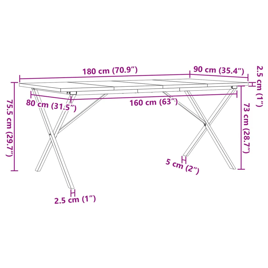 Table à manger cadre en X 180x90x75,5 cm bois pin massif acier - 10