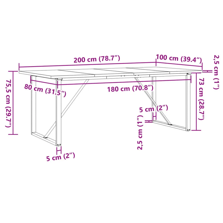 Table à manger cadre en O 200x100x75,5 cm bois pin massif acier - 10