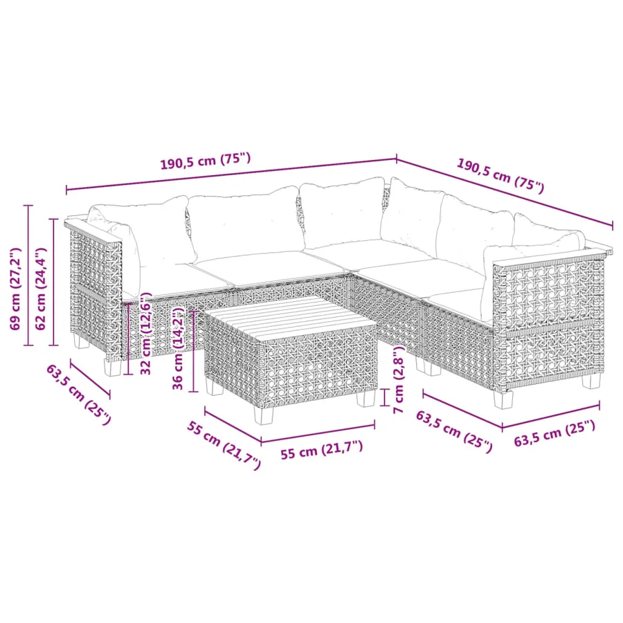 Salon de jardin 6 pcs avec coussins gris résine tressée - 8