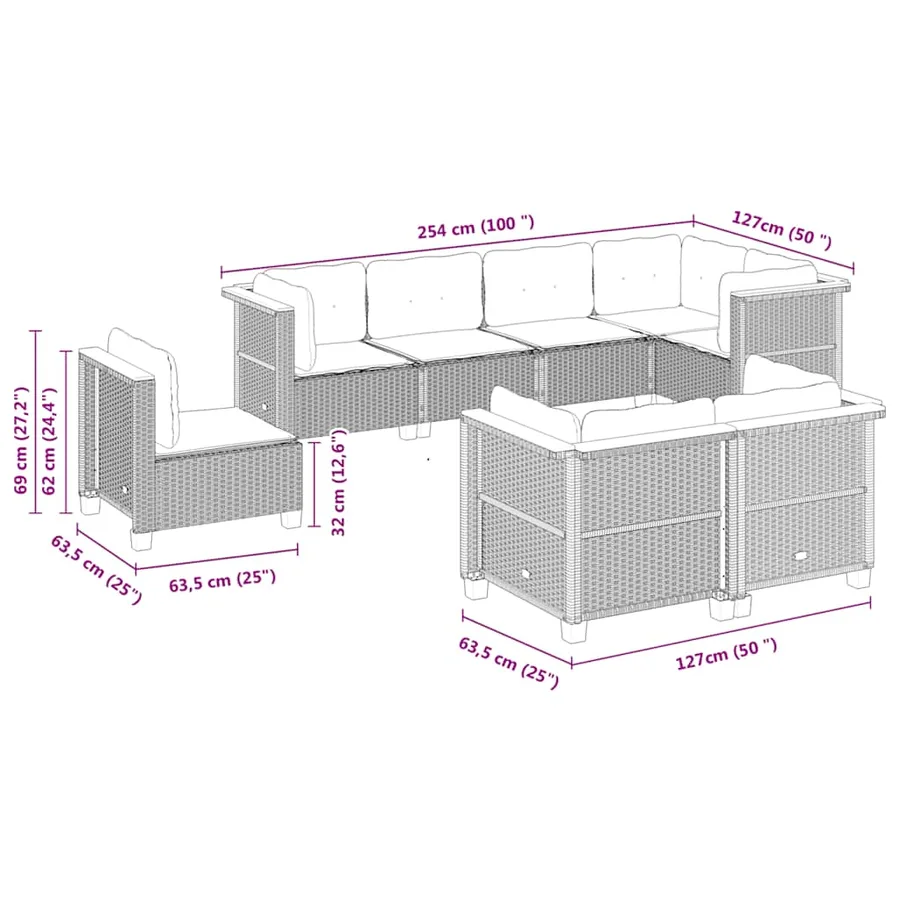 Salon de jardin 8 pcs avec coussins noir résine tressée - 6