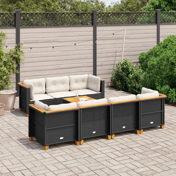 Salon de jardin 8 pcs avec coussins noir résine tressée
