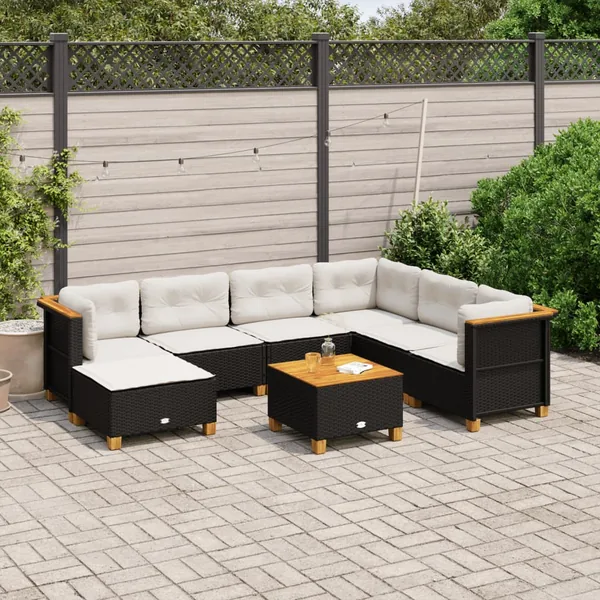 Salon de jardin 8 pcs avec coussins noir résine tressée