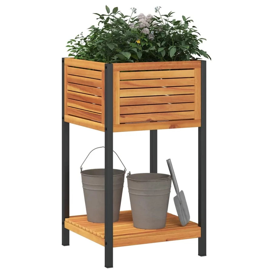 Jardinière et étagère 45x45x80 cm bois massif d'acacia et acier - 3